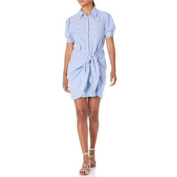 Cinq à Sept 'Tira' Linen-Blend Tie-Waist Striped Dress, Chambray Blue/Ivory - Picture 1 of 4